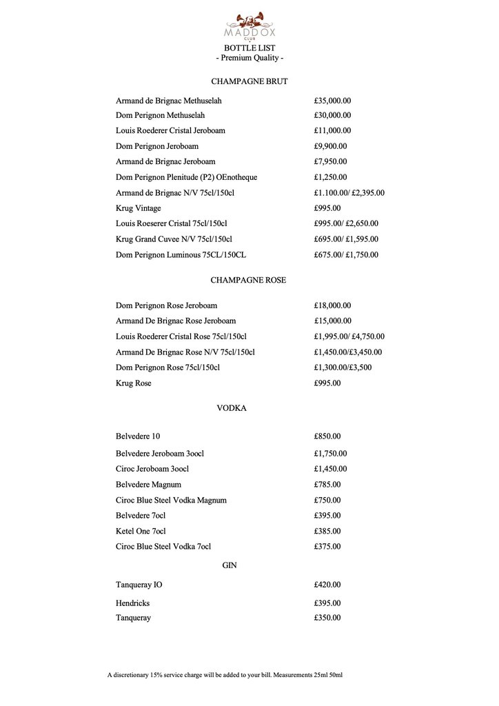 maddox london bottle menu